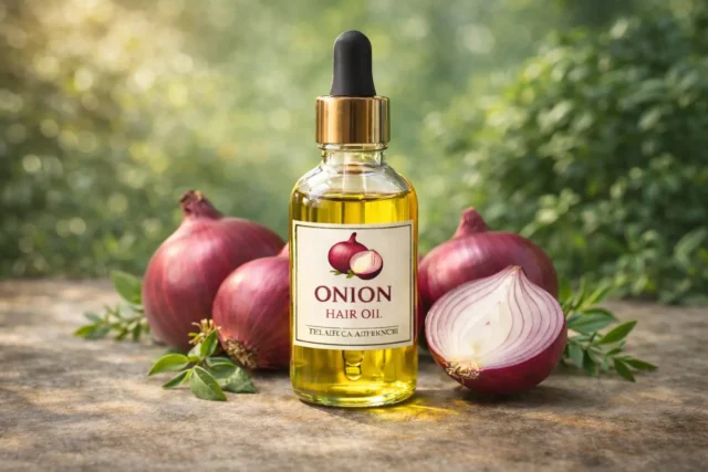 Onion Hair Oil Benefits: Guide for Hair Growth & Scalp Health in India Onion hair oil bottle with fresh red onions for hair growth and scalp health benefits