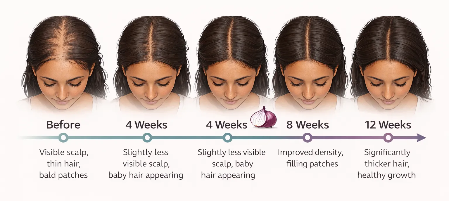 Onion oil before and after results showing hair growth timeline over 12 weeks