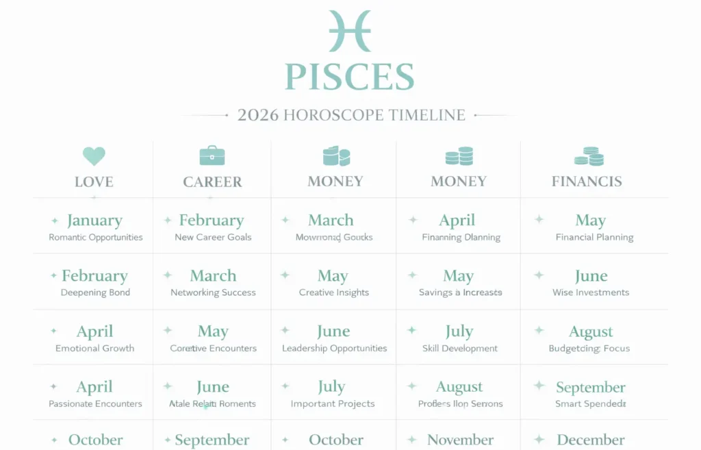 Pisces horoscope 2025 timeline showing love career and money predictions