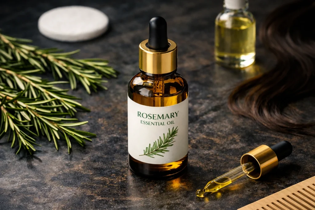 Fresh rosemary herb sprigs next to amber glass essential oil bottle with dropper, surrounded by healthy hair strands and natural skincare elements on white marble background