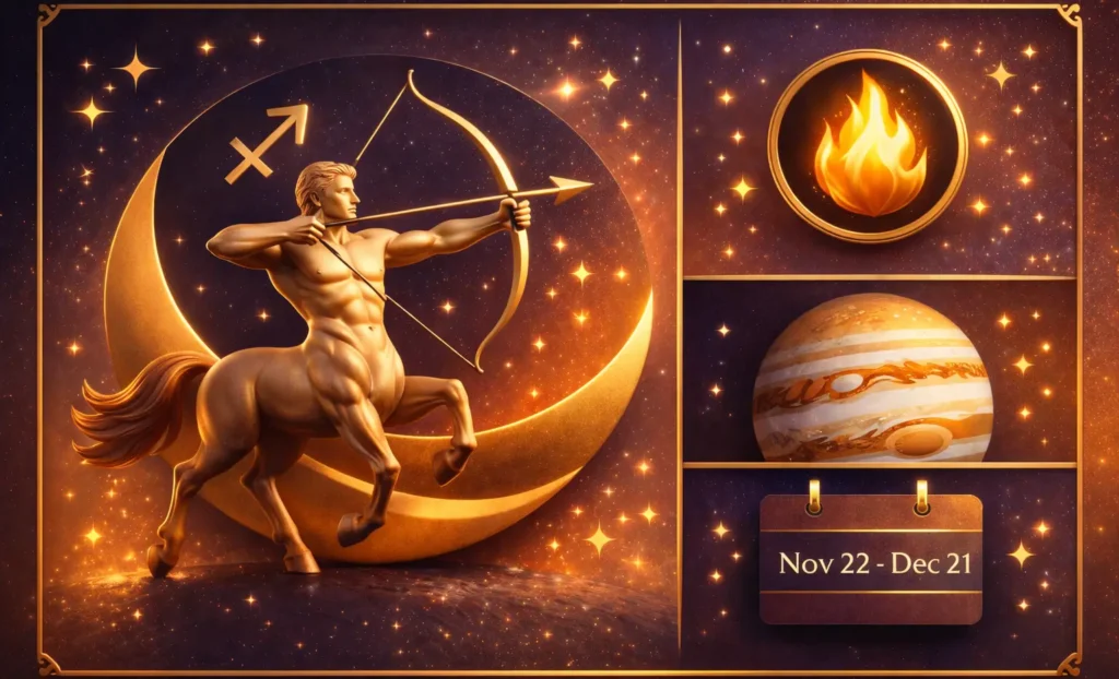Sagittarius zodiac sign overview showing dates, symbol, element and ruling planet