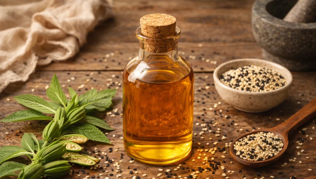 Amber bottle of sesame oil with sesame seeds scattered on wooden surface, fresh sesame plant leaves, mortar and pestle with ground seeds on natural background
