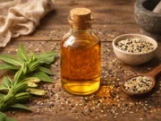15 Science-Backed Sesame Oil Benefits: Ancient Wisdom Meets Modern Research Amber bottle of sesame oil with sesame seeds scattered on wooden surface, fresh sesame plant leaves, mortar and pestle with ground seeds on natural background