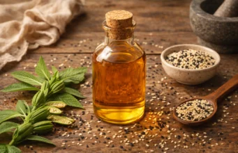 15 Science-Backed Sesame Oil Benefits: Ancient Wisdom Meets Modern Research Amber bottle of sesame oil with sesame seeds scattered on wooden surface, fresh sesame plant leaves, mortar and pestle with ground seeds on natural background