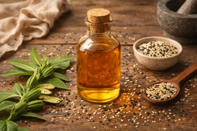 15 Science-Backed Sesame Oil Benefits: Ancient Wisdom Meets Modern Research Amber bottle of sesame oil with sesame seeds scattered on wooden surface, fresh sesame plant leaves, mortar and pestle with ground seeds on natural background