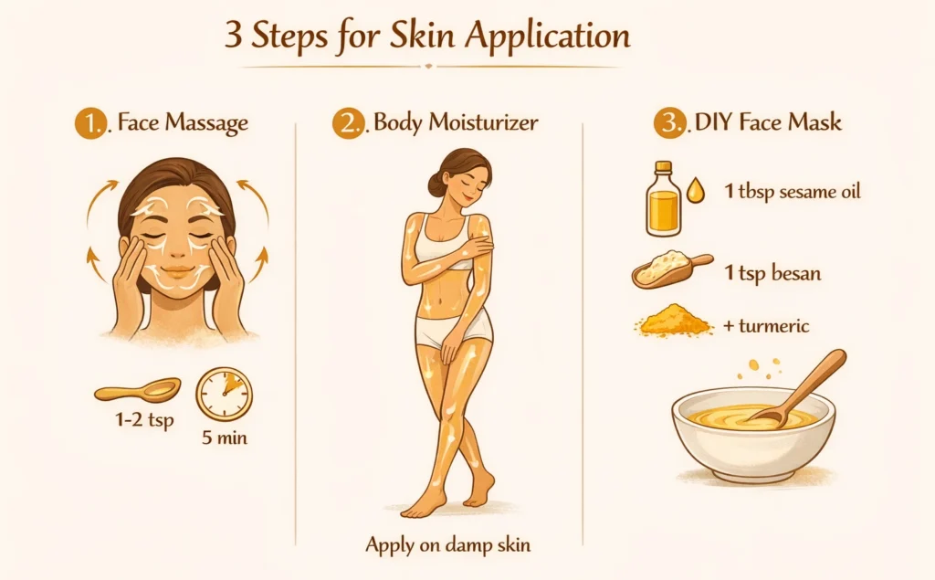 Step-by-step visual guide showing how to apply sesame oil for face massage, body moisturizing, and DIY face mask with measurements and timing