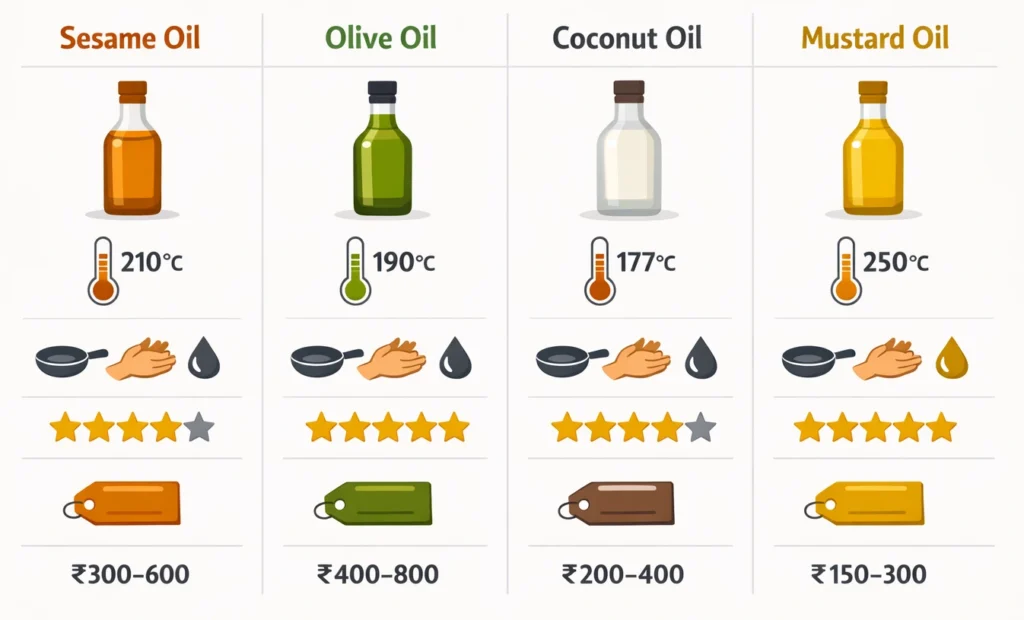 Side-by-side comparison chart of sesame, olive, coconut, and mustard oils showing smoke points, best uses, key benefits, and price ranges in India