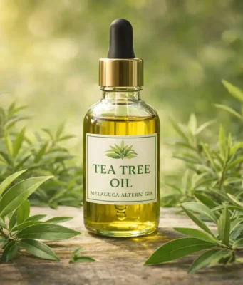 Tea Tree Oil Benefits: Complete Guide for Skin, Hair & Health in India Tea tree oil bottle with fresh Melaleuca alternifolia leaves for skin and hair benefits