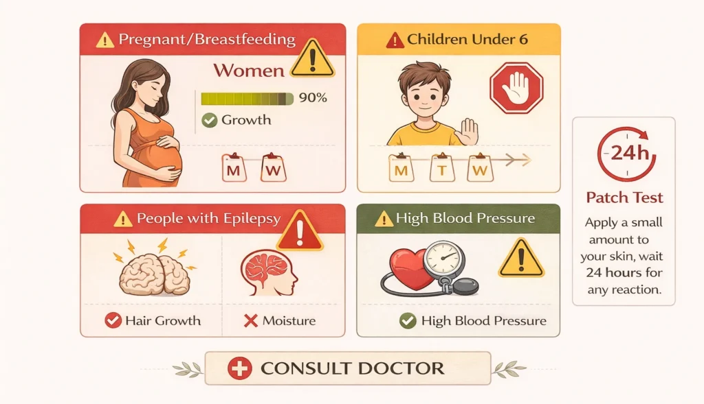Safety infographic showing groups who should avoid or use rosemary oil with caution including pregnant women, children under 6, people with epilepsy, and those with high blood pressure