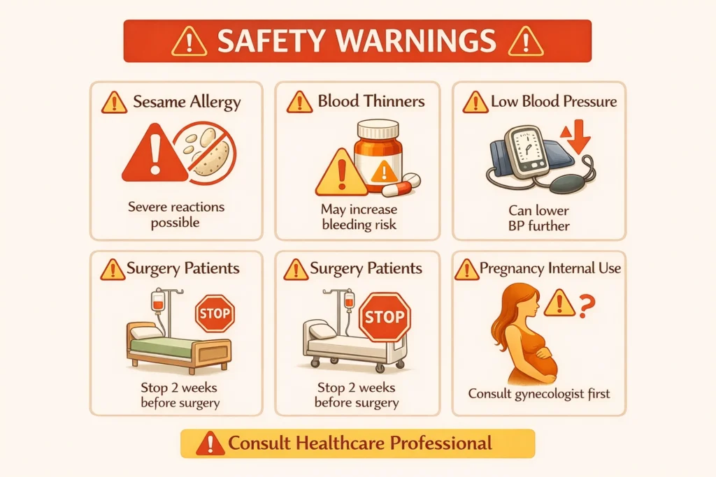 Safety infographic showing groups who should avoid sesame oil: people with allergies, on blood thinners, with low blood pressure, pregnant women, and those scheduled for surgery