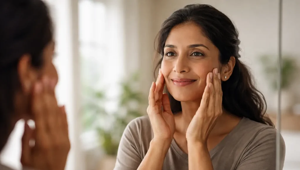 woman doing face tightening exercise for anti-aging