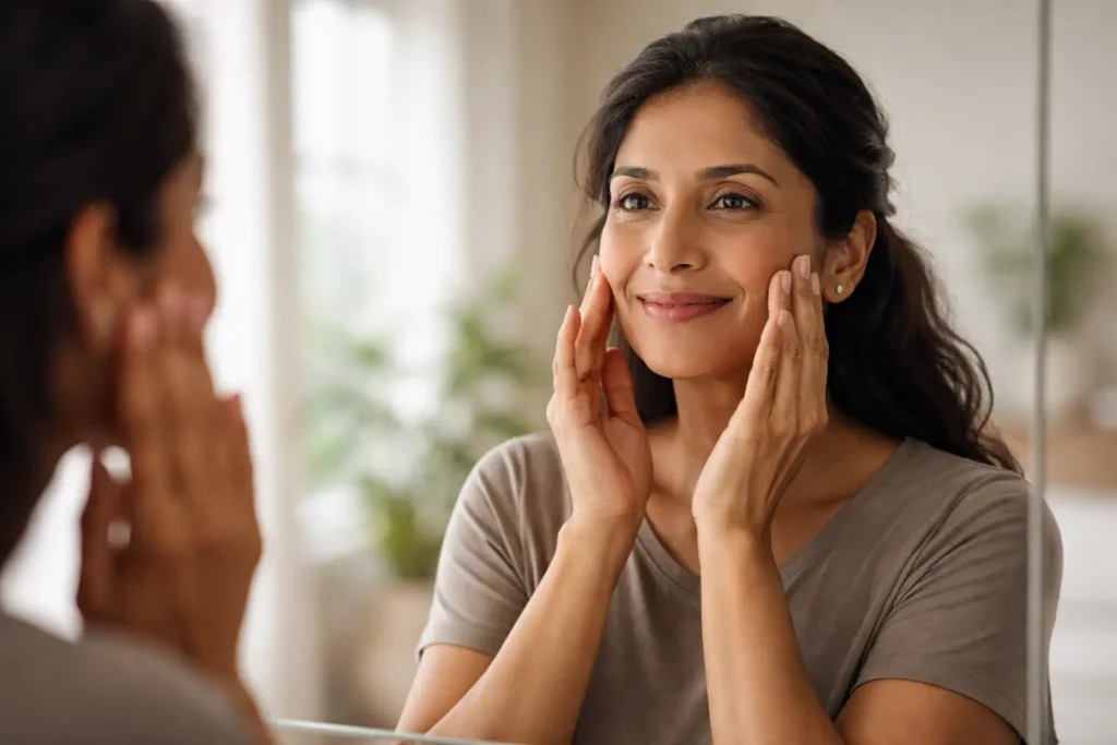 woman doing face tightening exercise for anti-aging