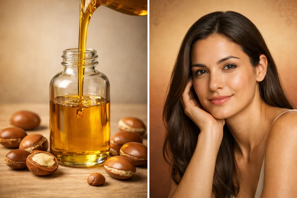 Argan oil benefits for skin and hair - complete guide with golden oil and natural ingredients