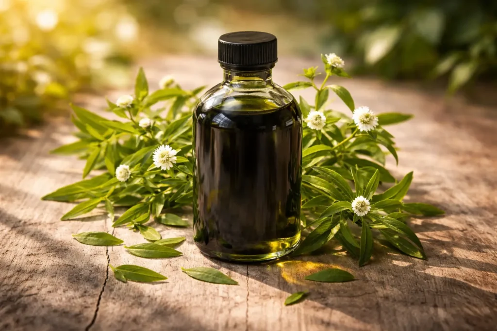 dark glass bottle of bhringraj oil (dark green_black liquid visible through glass) on white marble surface