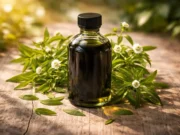 Bhringraj Oil Benefits: Complete Guide to Hair Growth & Natural Hair Care in dark glass bottle of bhringraj oil (dark green_black liquid visible through glass) on white marble surface