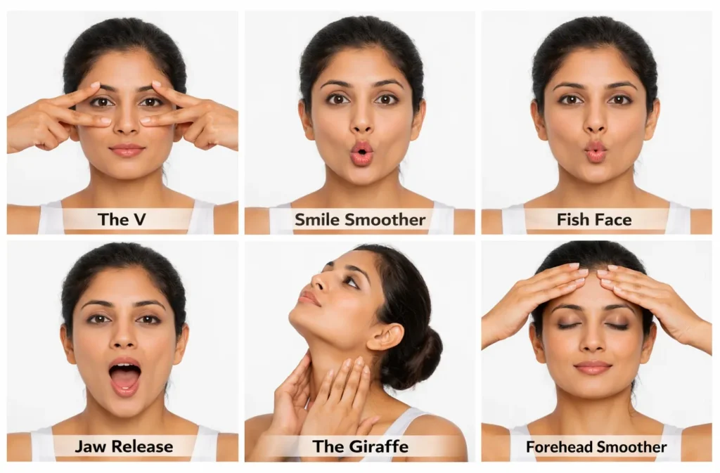 Six face yoga exercises demonstration showing The V Smile Smoother Fish Face Jaw Release Giraffe Forehead Smoother and Om Chanting techniques