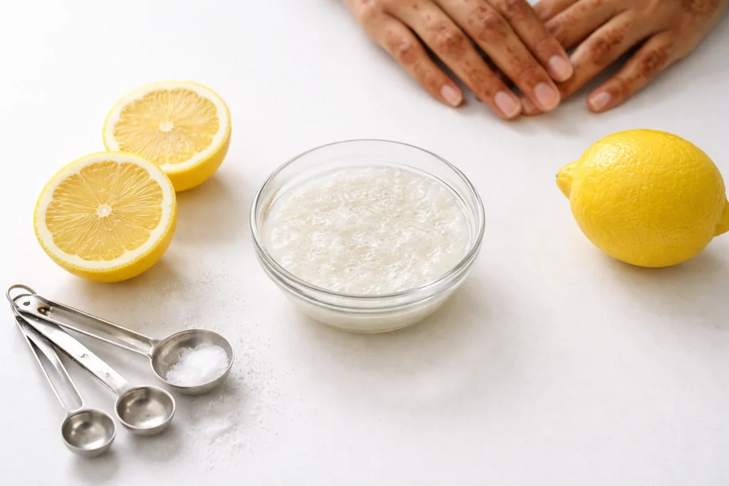 Natural mehndi removal ingredients - baking soda paste with lemon juice and measuring tools