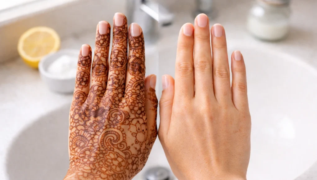 Before and After Mehndi Removal from Hands Comparison showing mehndi stained hands before and after using natural removal methods