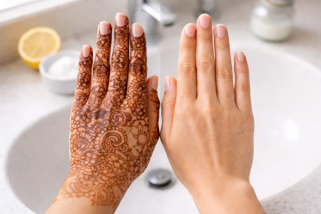 Comparison showing mehndi stained hands before and after using natural removal methods