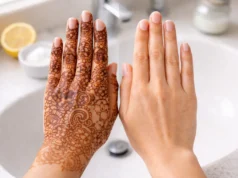 How to Remove Mehndi from Hand: The Complete Guide to Fast, Safe & Natural Removal Comparison showing mehndi stained hands before and after using natural removal methods