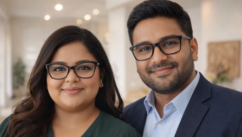 Indian man and woman with round faces wearing best angular eyeglass frames - square and cat-eye styles for flattering fit