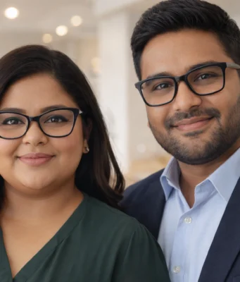 Best Glasses for Round Face: Complete Guide for Indian Men & Women Indian man and woman with round faces wearing best angular eyeglass frames - square and cat-eye styles for flattering fit