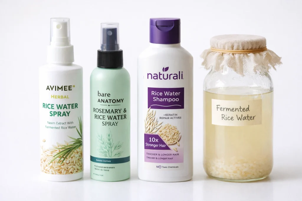 Top commercial rice water hair products in India including Avimee Herbal, Bare Anatomy, and Naturali shampoo