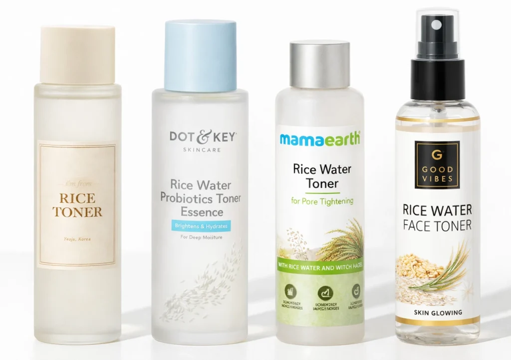 Top 4 commercial rice water toners available in India including I'm From, Dot and Key, Mamaearth, and Good Vibes
