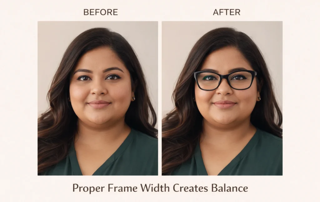 Plus-size woman with round chubby face wearing wide angular eyeglass frames for slimming effect