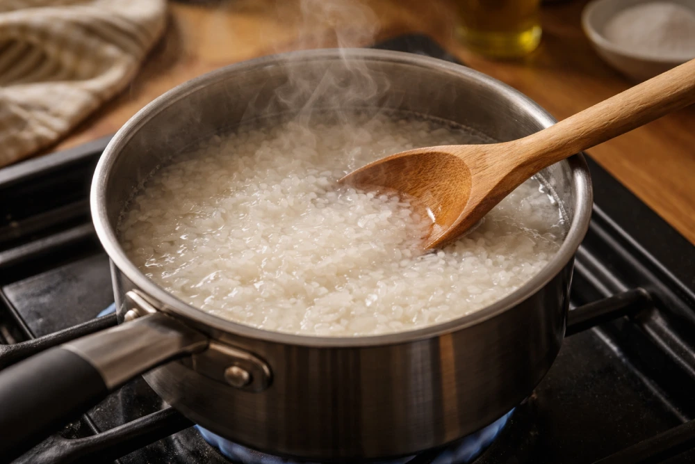 Saucepan with rice simmering in water to make concentrated boiled rice water for hair treatment
