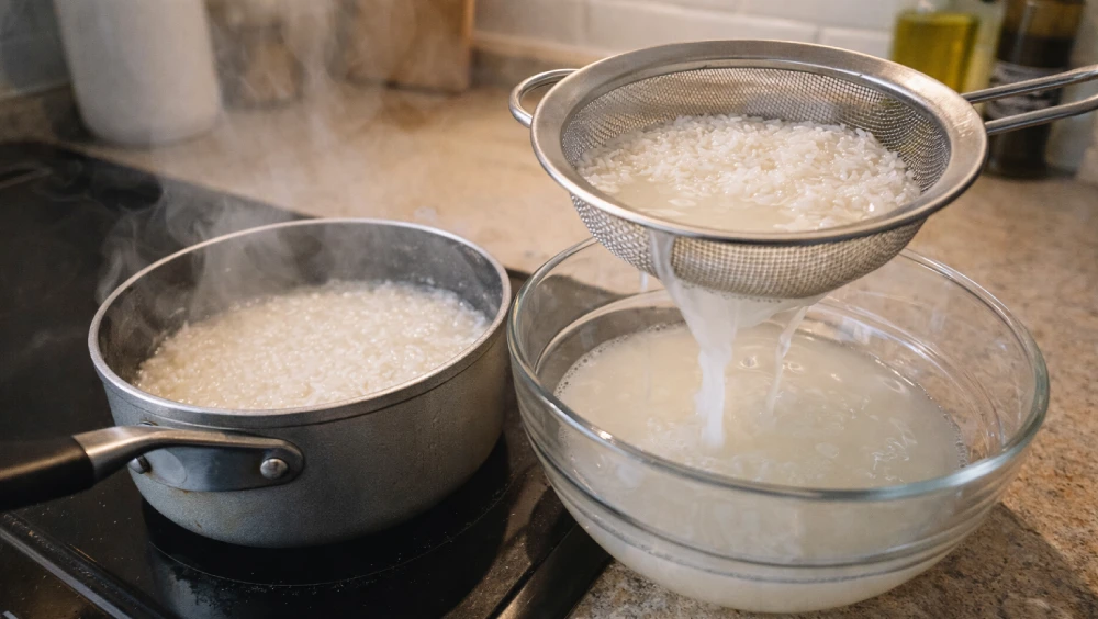 Making boiled rice water toner by simmering rice and straining the concentrated liquid