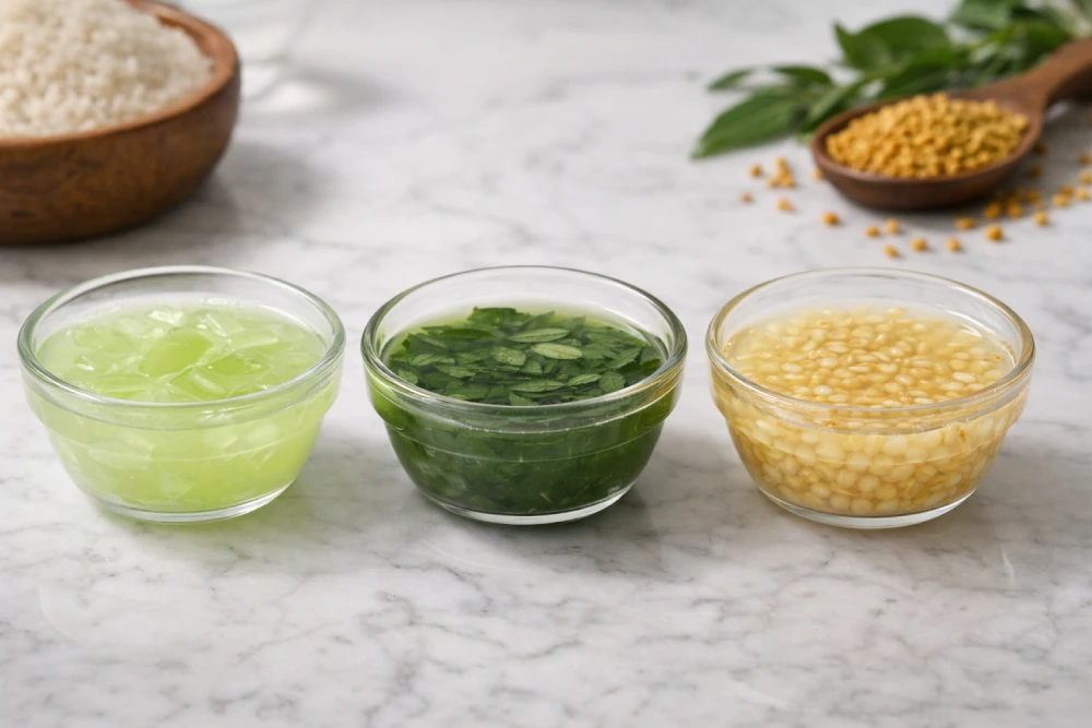 Three homemade rice water hair mask recipes using aloe vera, curry leaves, and fenugreek for Indian hair types