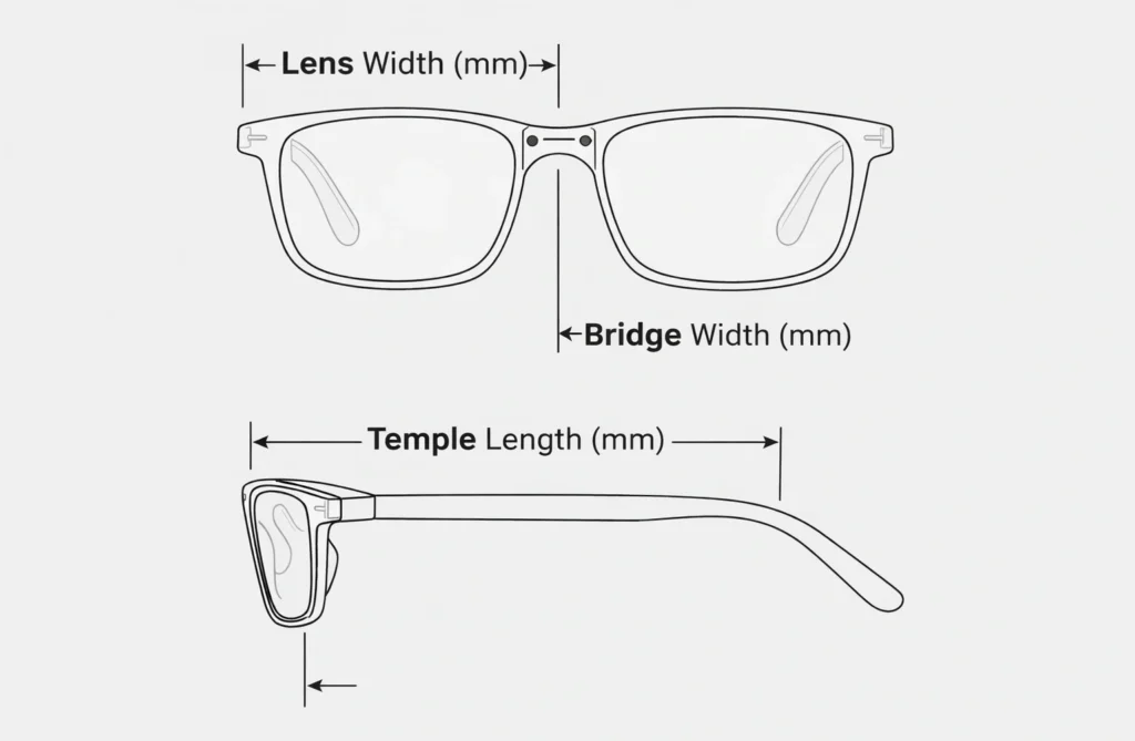 Diagram showing how to measure eyeglass frame dimensions including lens width bridge width and temple length