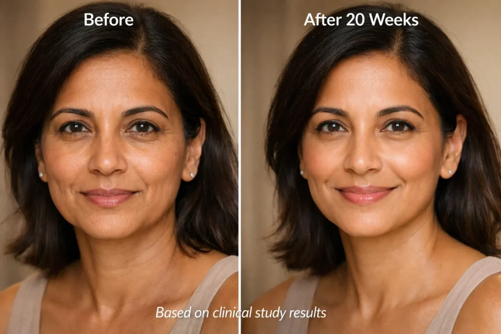 Before and after comparison showing face yoga results after 20 weeks of daily practice with improved muscle tone and reduced aging signs