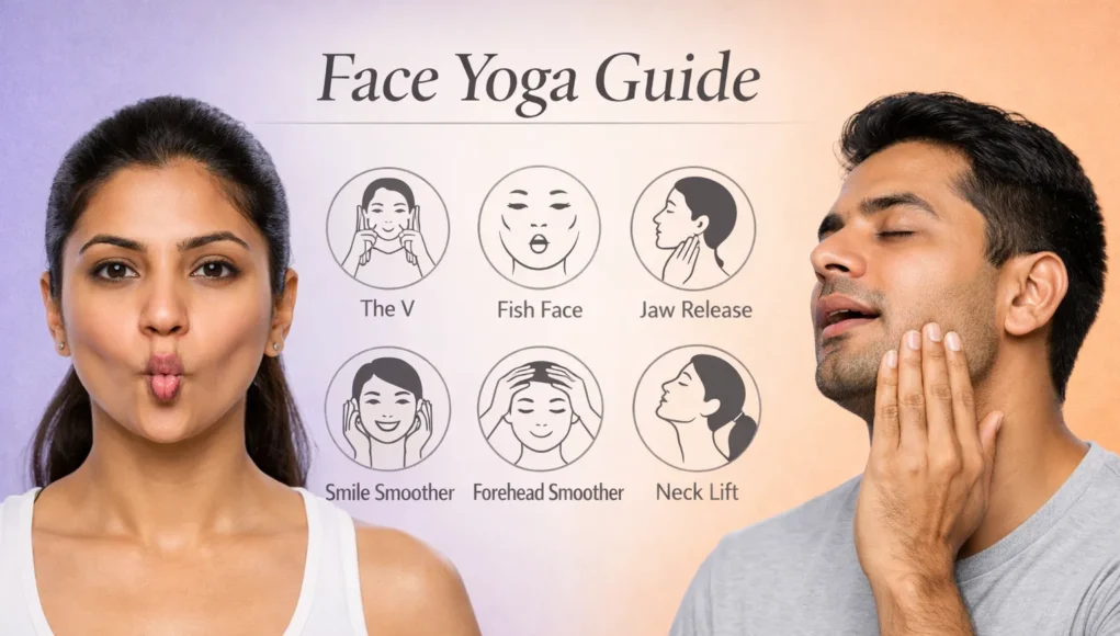 Indian woman and man practicing face yoga exercises with guide showing best techniques for anti-aging and facial muscle toning