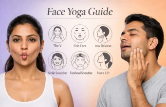 Face Yoga: Your Natural Path to Youthful, Glowing Skin Indian woman and man practicing face yoga exercises with guide showing best techniques for anti-aging and facial muscle toning