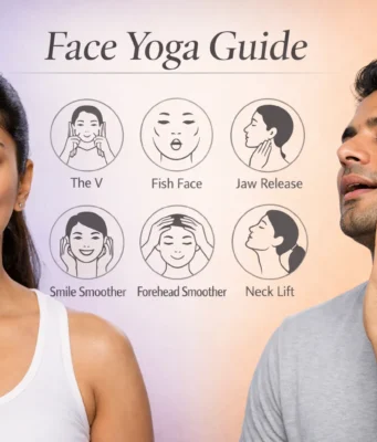 Face Yoga: Your Natural Path to Youthful, Glowing Skin Indian woman and man practicing face yoga exercises with guide showing best techniques for anti-aging and facial muscle toning