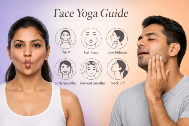 Face Yoga: Your Natural Path to Youthful, Glowing Skin Indian woman and man practicing face yoga exercises with guide showing best techniques for anti-aging and facial muscle toning