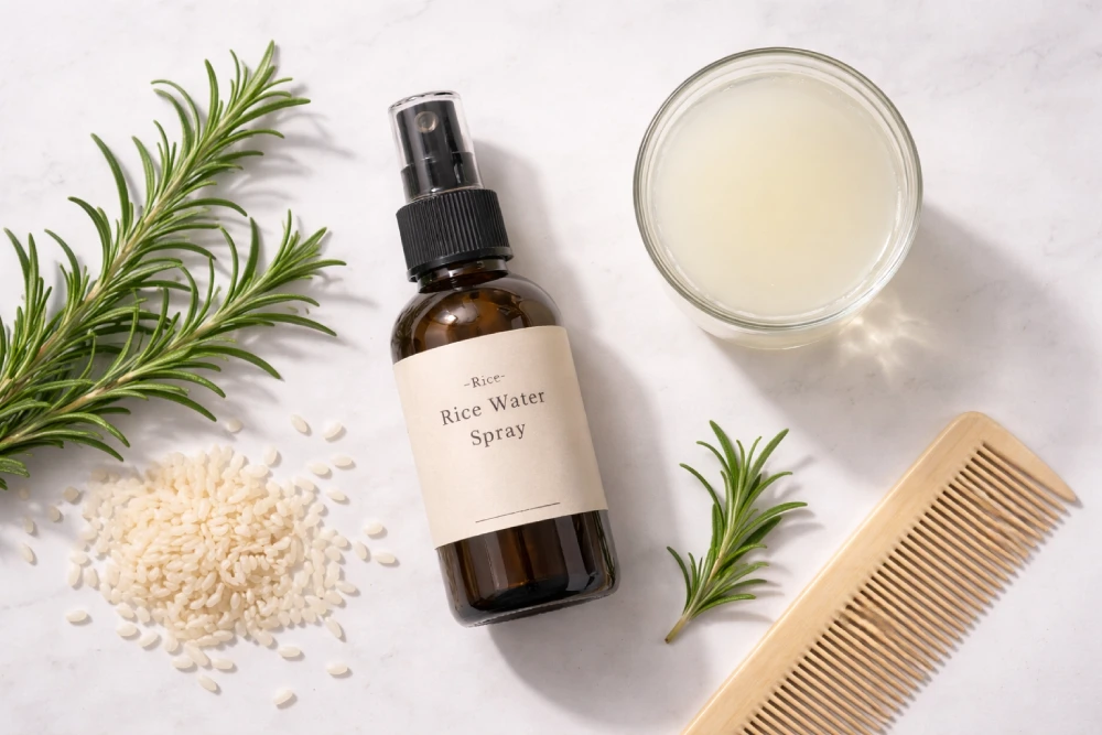 DIY rice water hair spray bottle with rosemary essential oil and comb for leave-in daily application