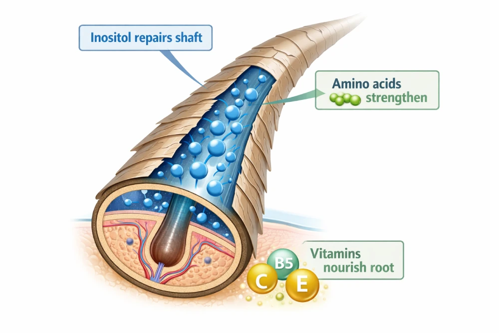 Diagram showing how inositol and amino acids from rice water penetrate and repair the hair shaft structure