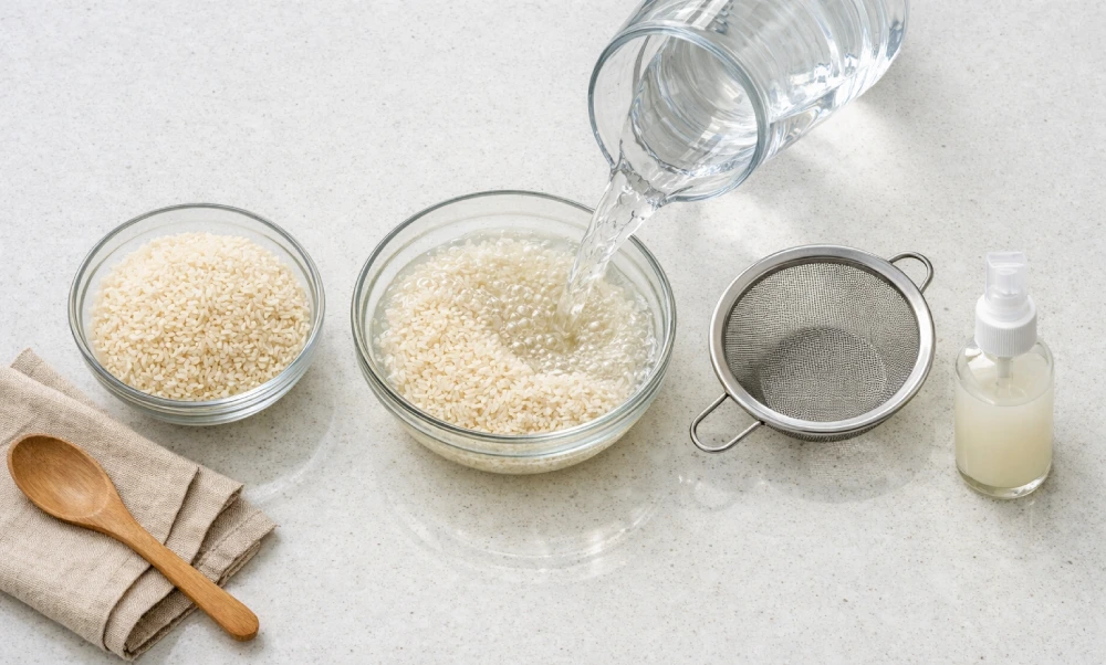 Step-by-step process of making rice water toner using the soaking method with glass bowl and strainer