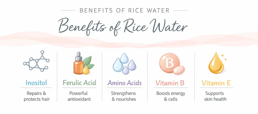 Infographic showing rice water's active ingredients including inositol, ferulic acid, and vitamins B and E