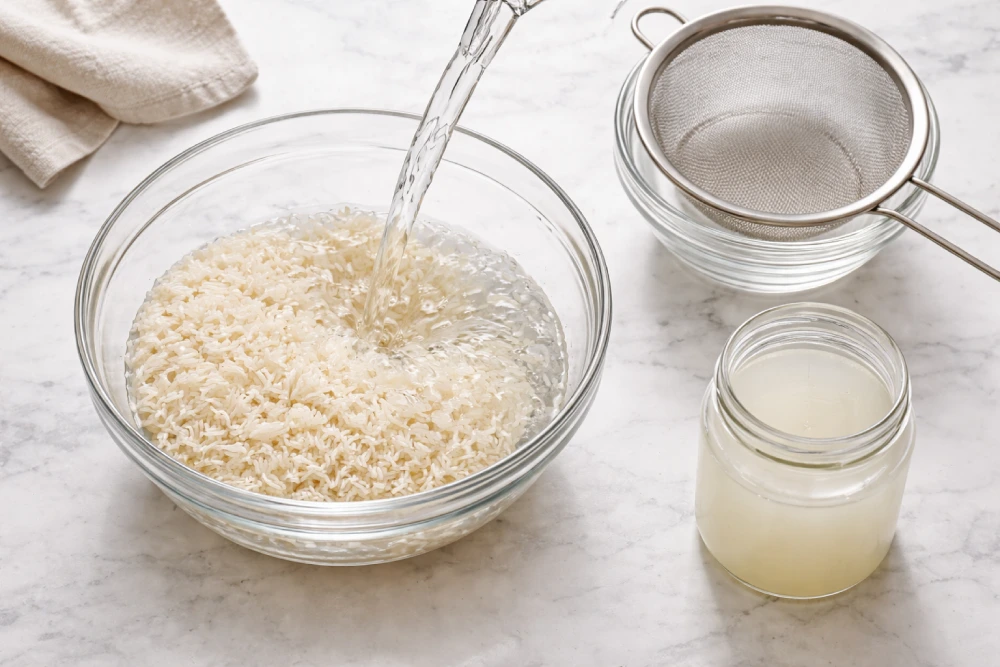 Step-by-step soaking method for making rice water at home using basmati rice and glass bowl