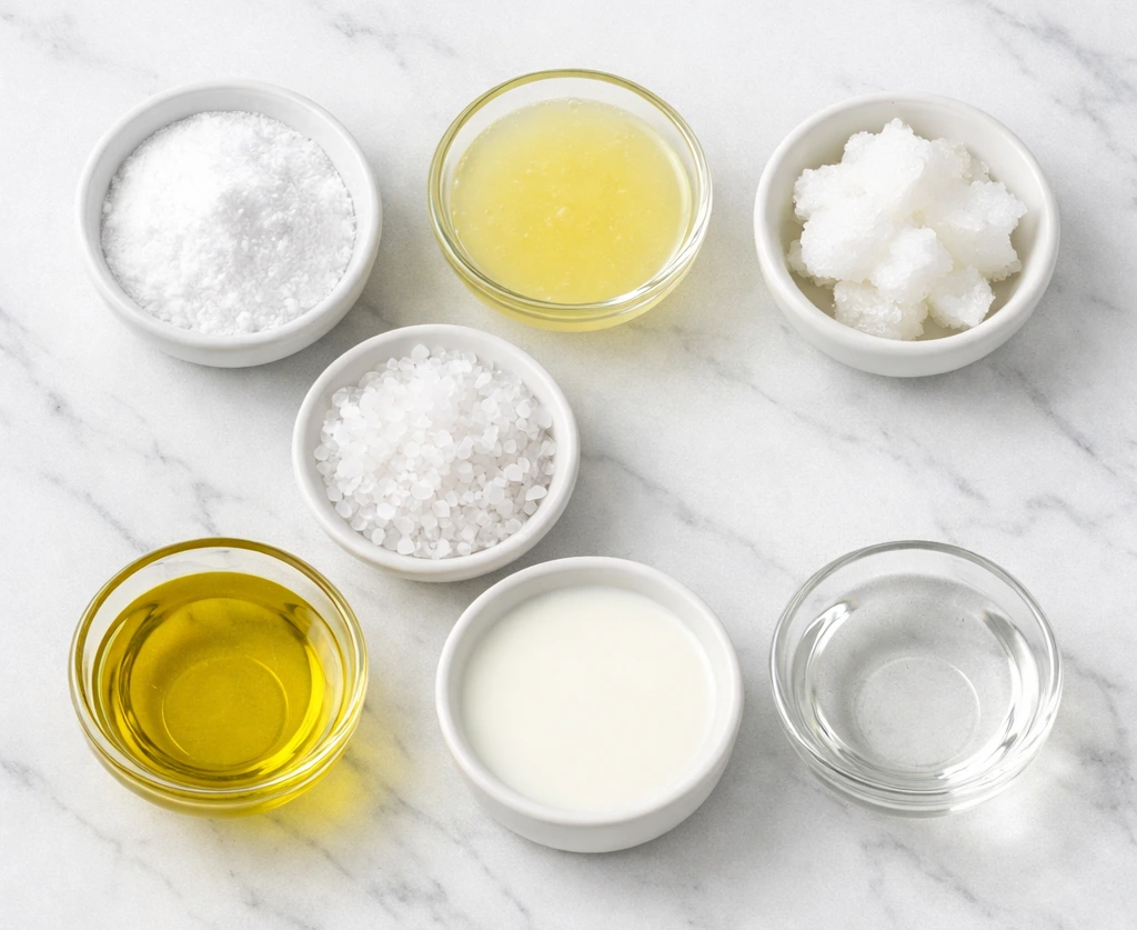 Collection of natural home ingredients used for safe mehndi removal including oils, lemon, and baking soda