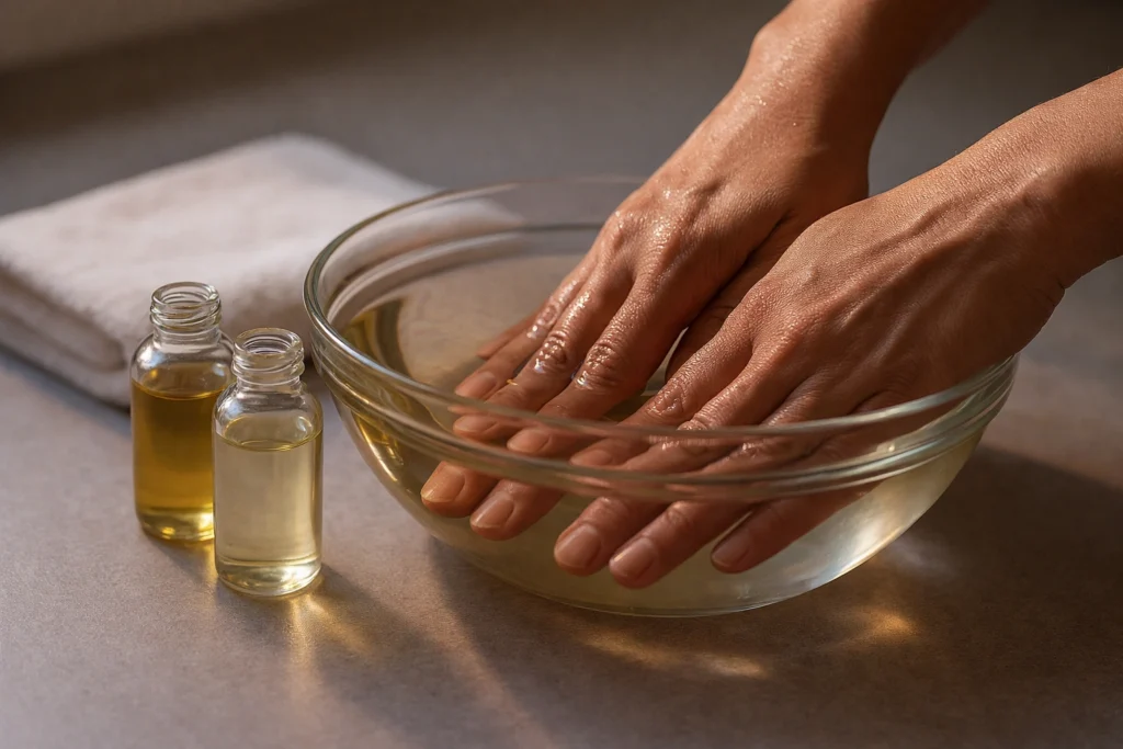 Hands soaking in coconut oil bowl for gentle henna stain removal