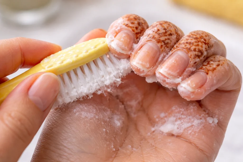 Close-up of nail brush technique for removing henna stains from fingernails