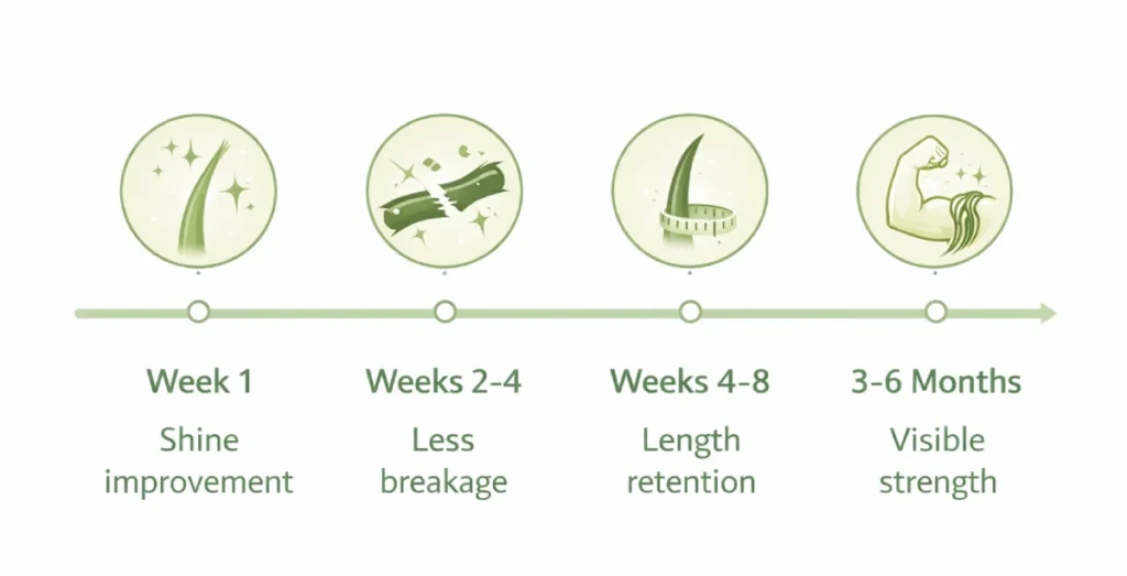 Timeline infographic showing realistic week-by-week results from consistent rice water hair treatment