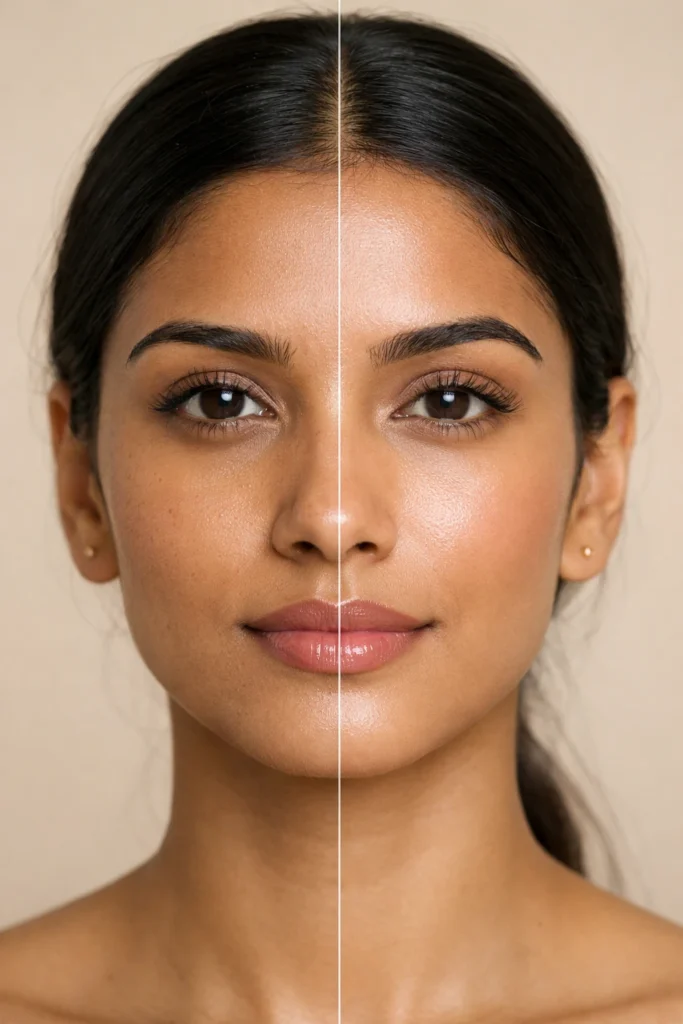 Before and after comparison showing skin brightening and glow improvement from using rice water toner