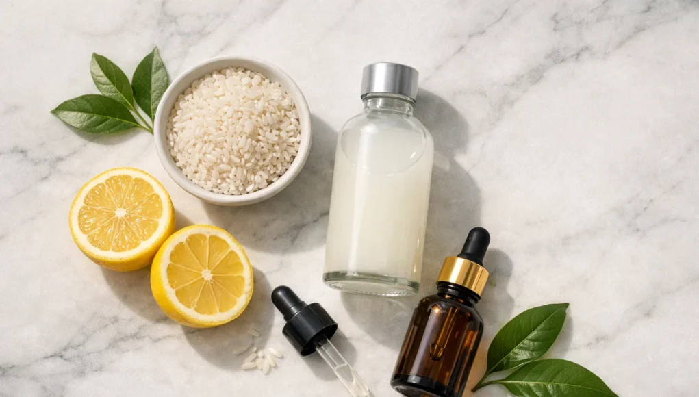 Glass bottle of homemade rice water toner with rice grains and natural ingredients on marble surface