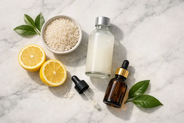 Rice Water Toner: DIY Recipe, Benefits & Best Products for Indian Skin (2026) Glass bottle of homemade rice water toner with rice grains and natural ingredients on marble surface